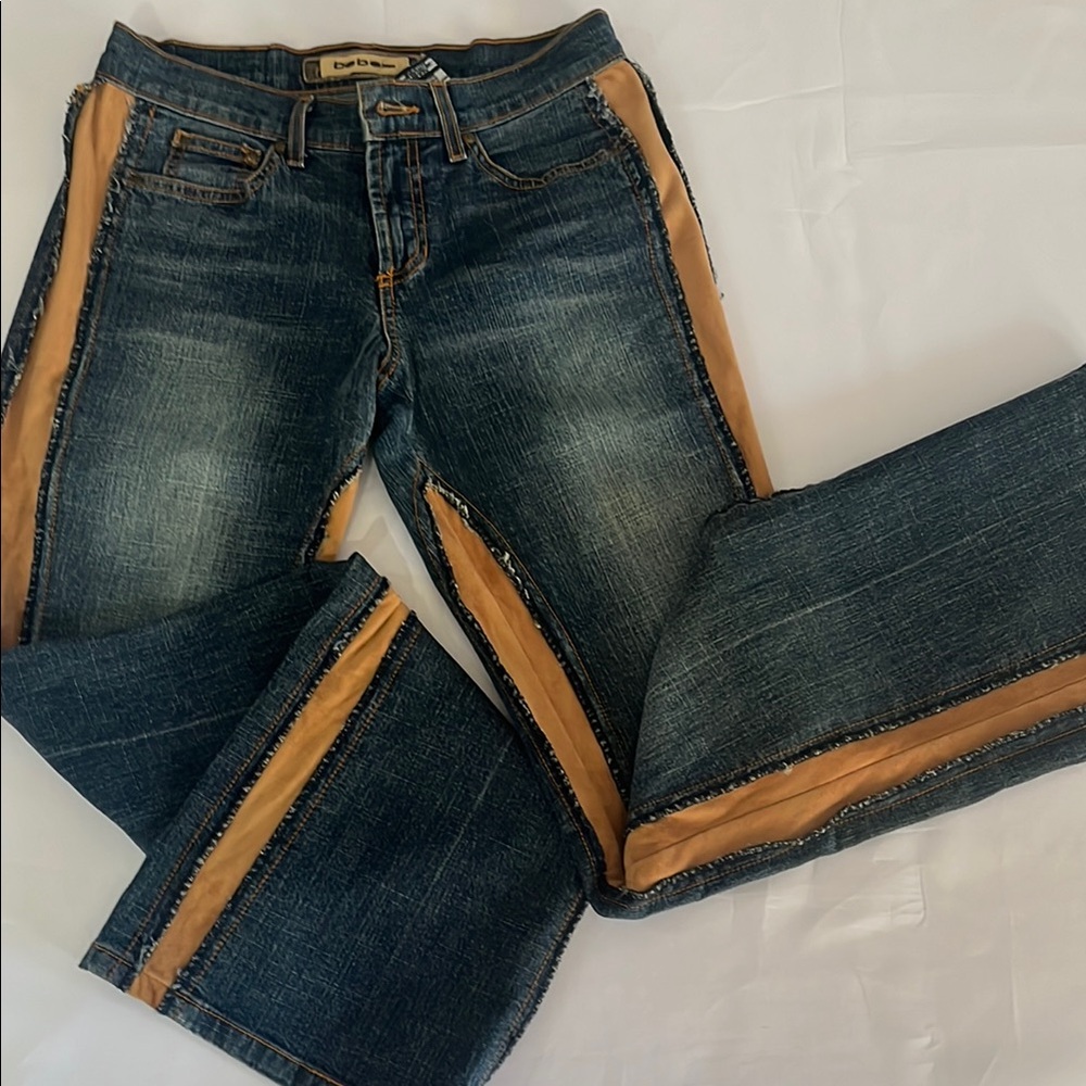 bebe Blue Denim with Tan Accents Flare Jeans